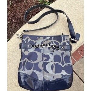COACH Classic Signature Monogram 19820 Navy Silver Signature Chain Handbag Purse